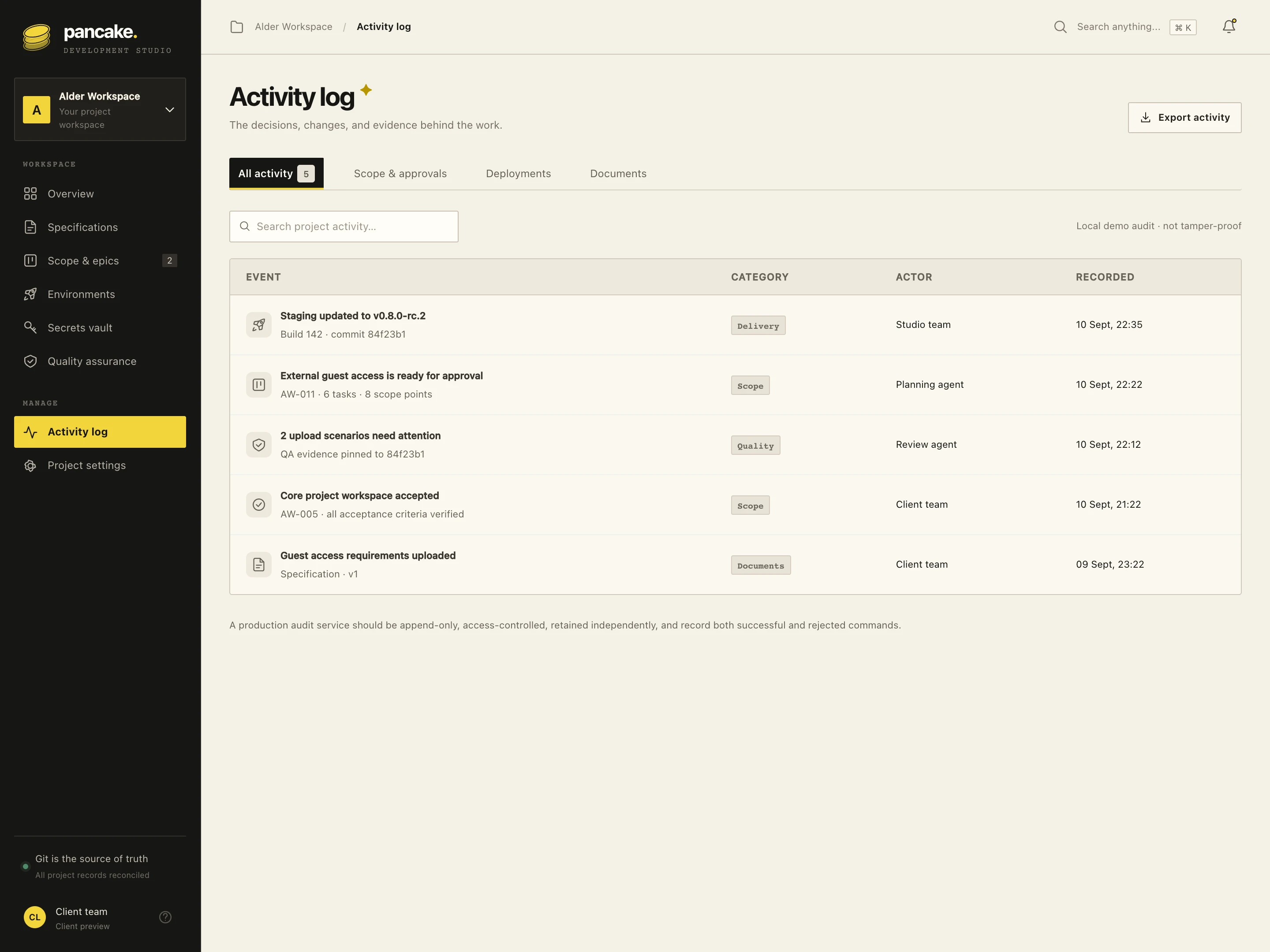 Client activity log with a chronological record of project decisions and changes.