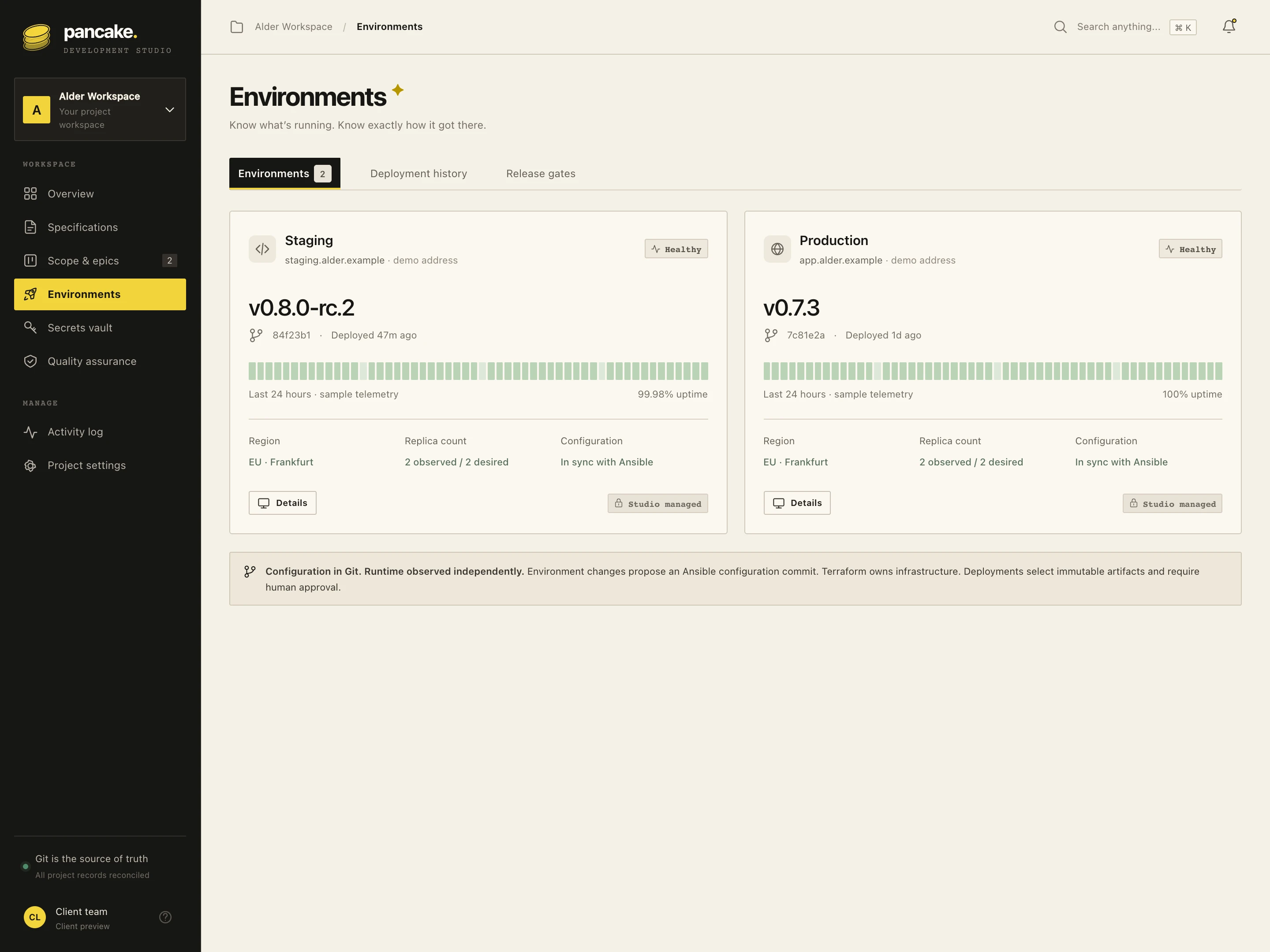 Client environments screen showing deployment versions and environment status.