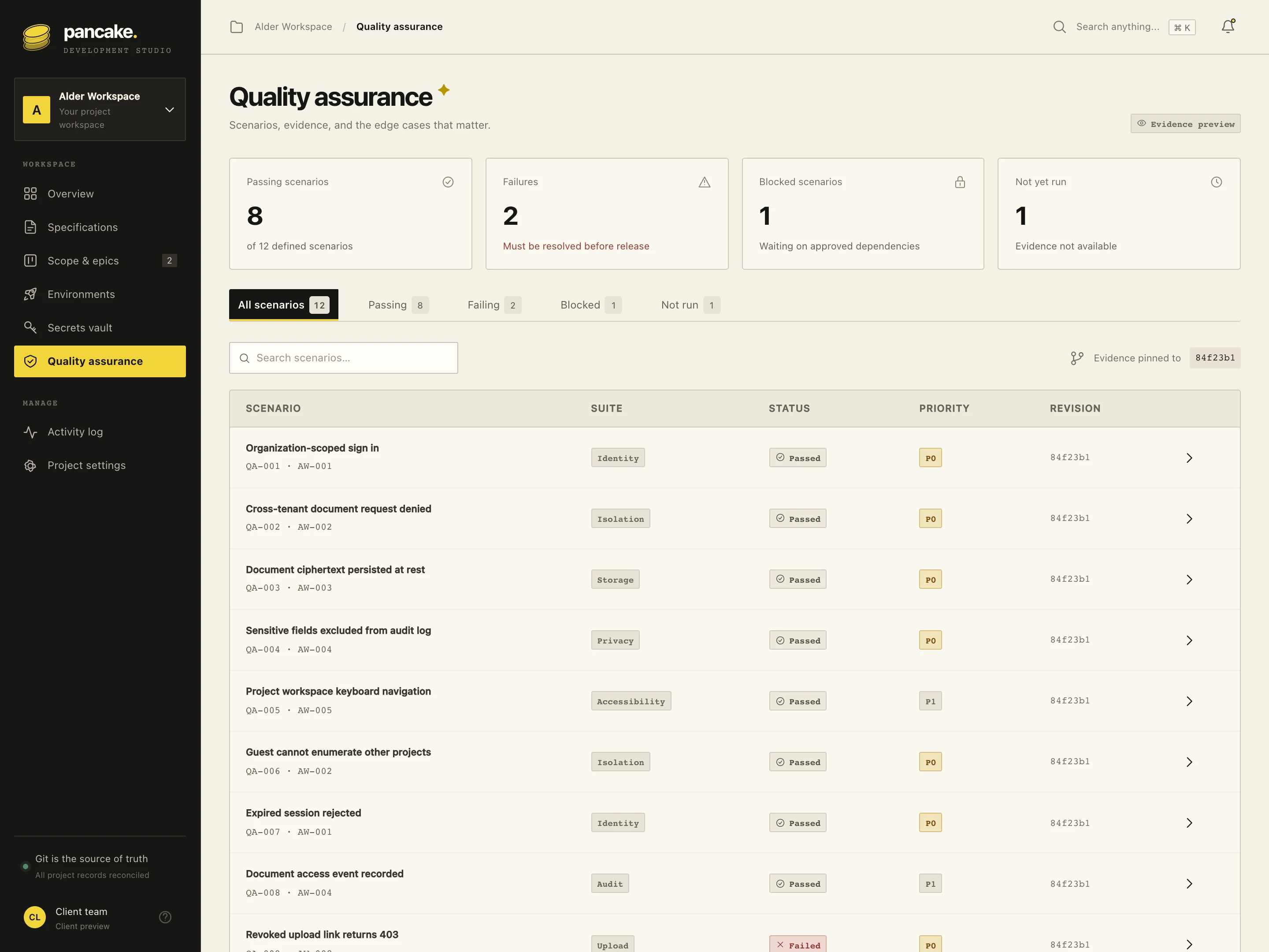 Client quality assurance screen showing verification scenarios and their results.
