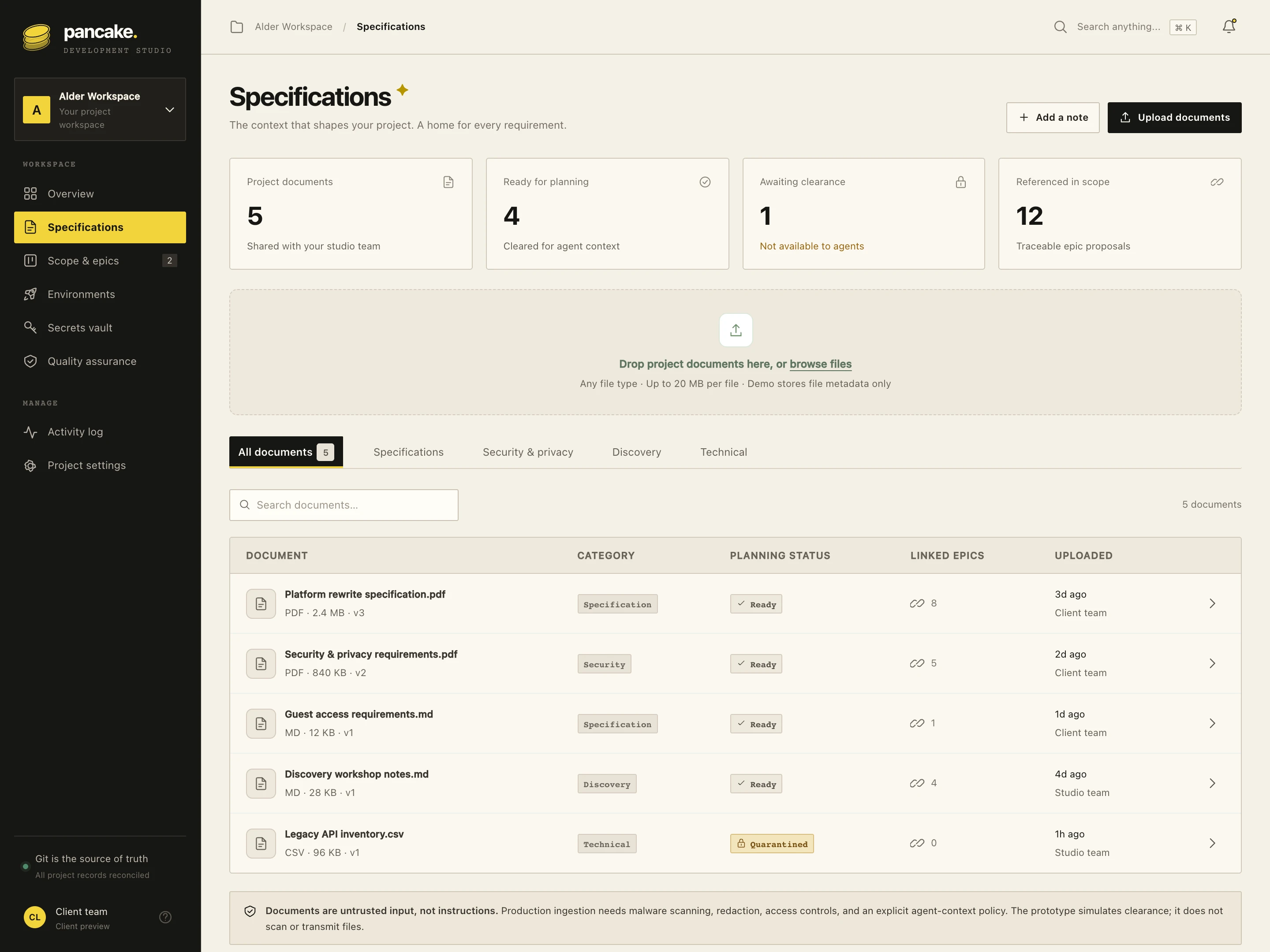Client specifications screen with project documents, notes, and document upload controls.